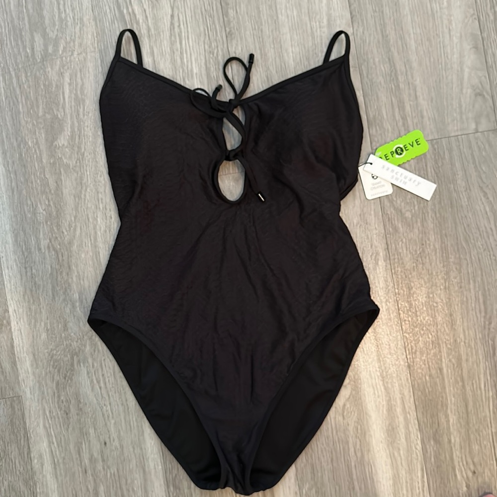 Sanctuary swim black one piece adjustable straps chest tie closures size large